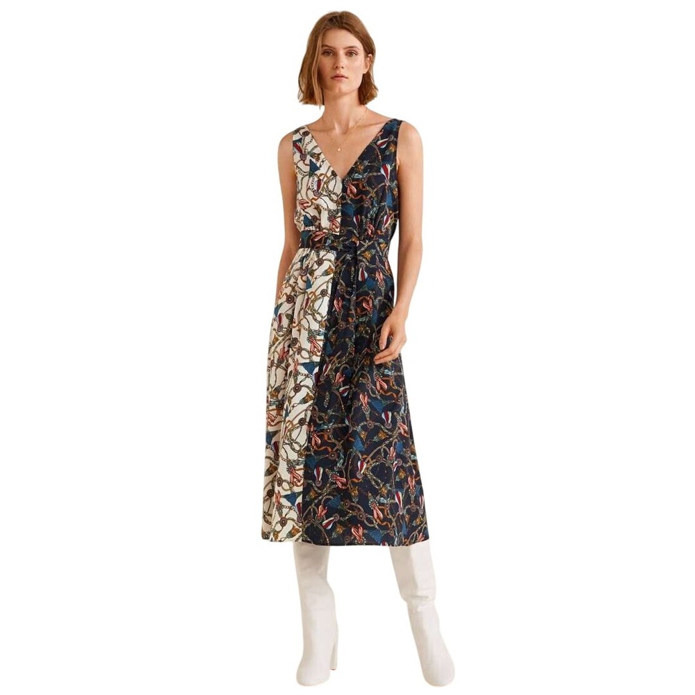 MANGO Women Navy Blue White Scarf Printed A-Line Dress 8 V-Neck Luxury Old Money